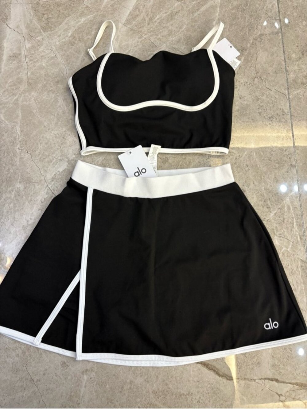 ALO Yoga Black and White Backless Crop Top and Skirt Set